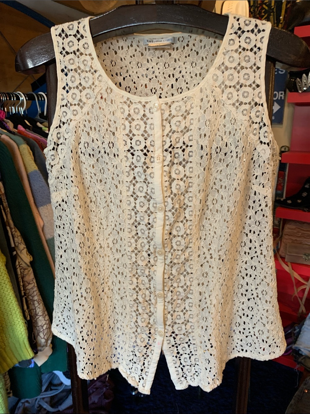Sleeveless Cream Crochet Button-Front Top